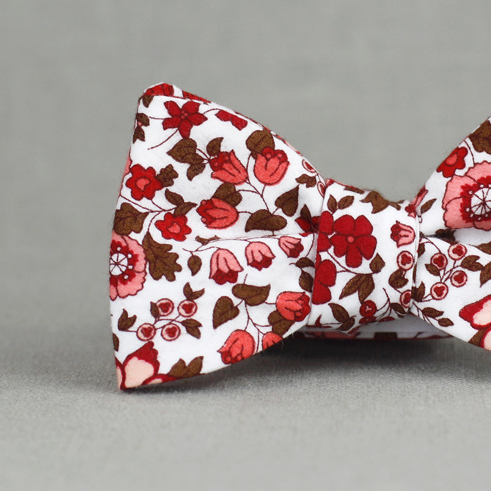 red, salmon, blush, and chocolate floral bow tie
