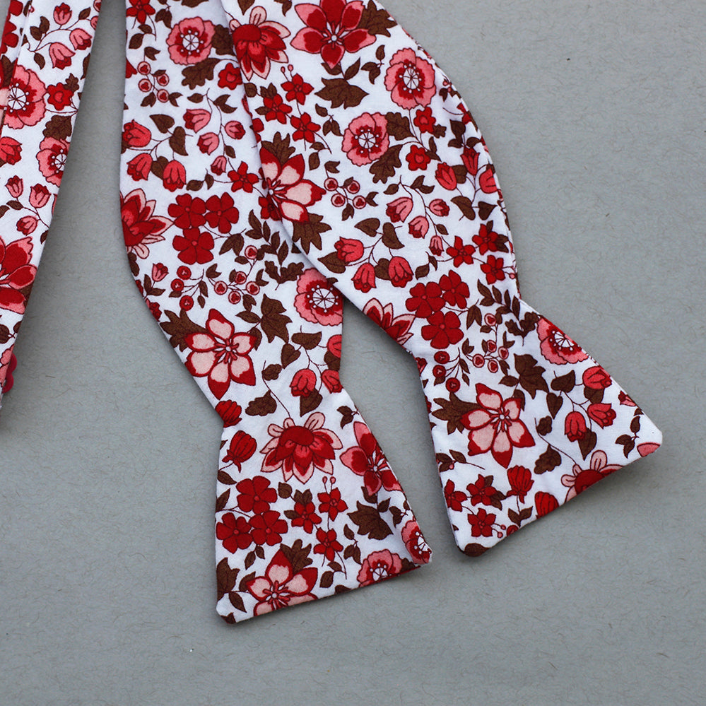 red, salmon, blush, and chocolate floral bow tie