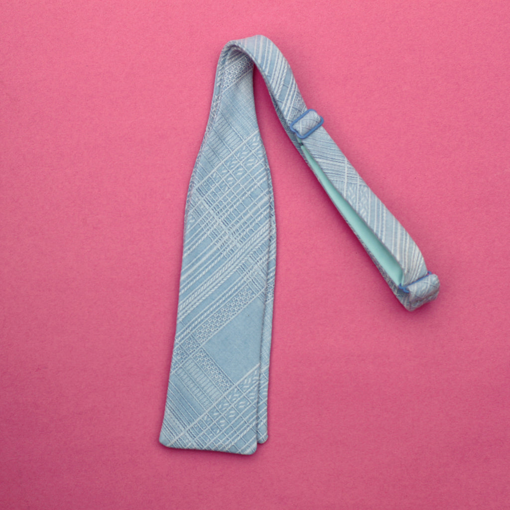 sky blue silk textured plaid bow tie